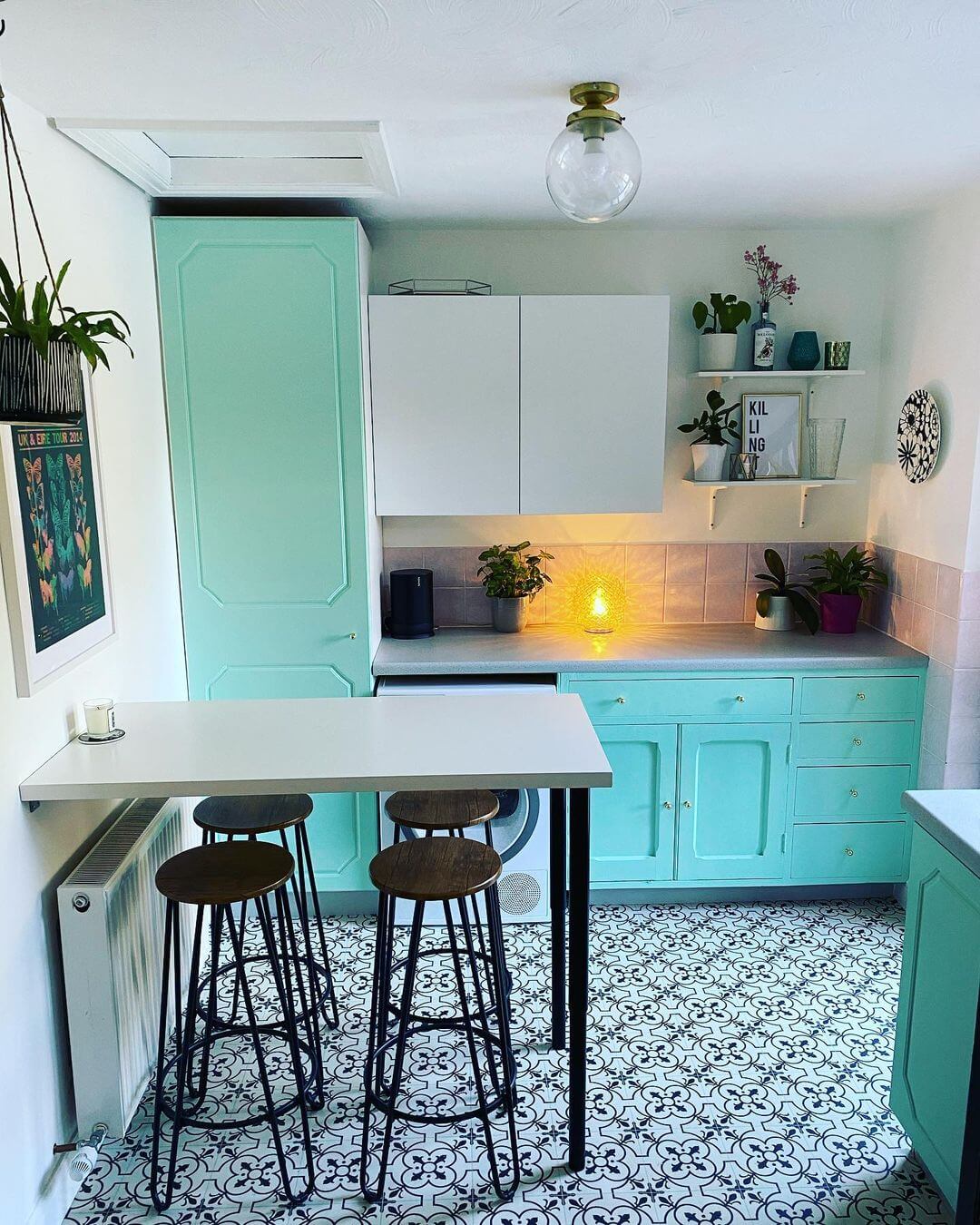 Mint green kitchen cabinets